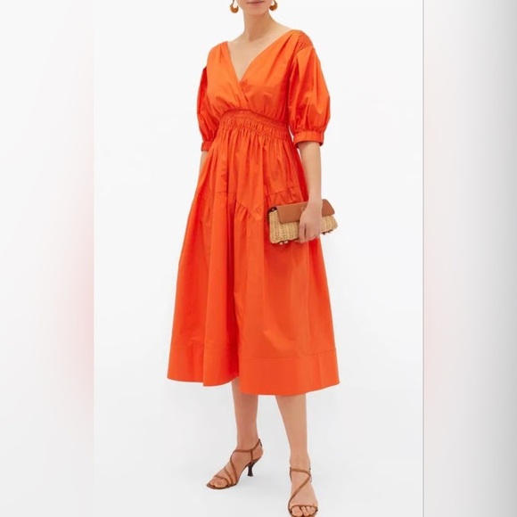 Self-Portrait Orange Pleated Cotton Poplin Midi Dress with Puff Sleeves 10 - Picture 1 of 9